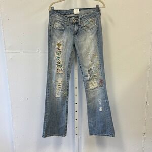 Y2K RARE Department of Peace Distressed Patchwork Sequin Bootcut Jeans Size 6